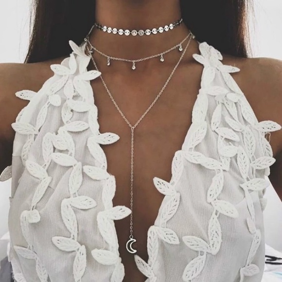Jewelry - Silver Moon Crystal Drop Boho Layered Necklace